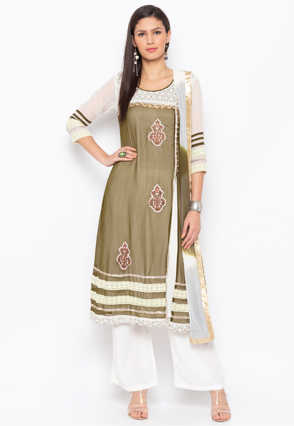 Olive Green Georgette Readymade Kameez With Palazzo 223469