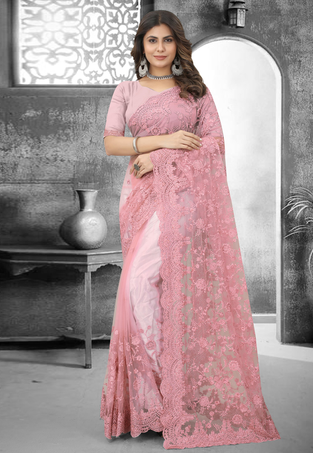 Pink Net Saree With Blouse 265839