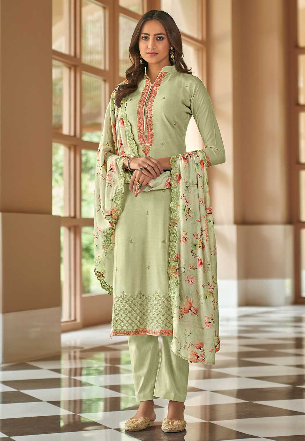 Pista Green Cotton Silk Pant Style Suit 243182