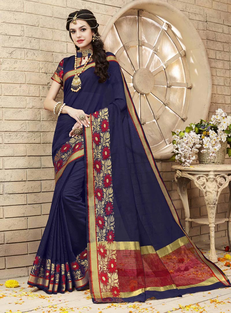 Navy Blue Cotton Saree With Blouse 91512