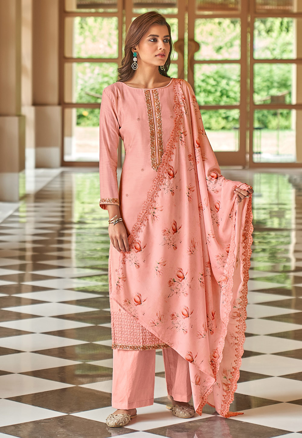 Pink Cotton Silk Kameez With Palazzo 243184