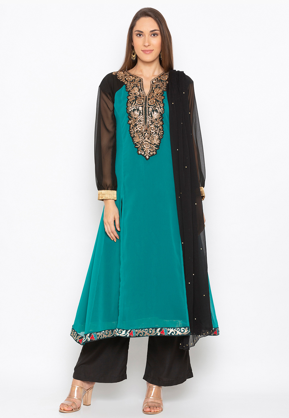 Turquoise Georgette Readymade Palazzo Suit 223470