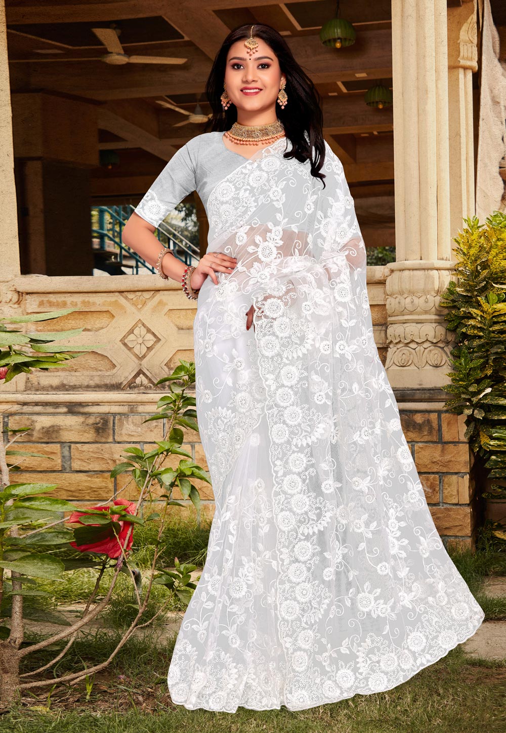 White Net Saree with Blouse - Indian Cloth Store