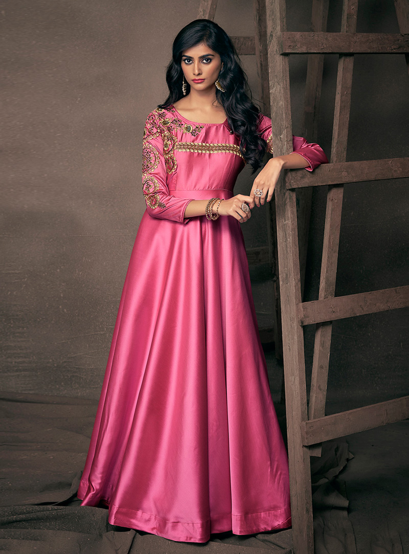 Pink Satin Silk Readymade Gown 149485