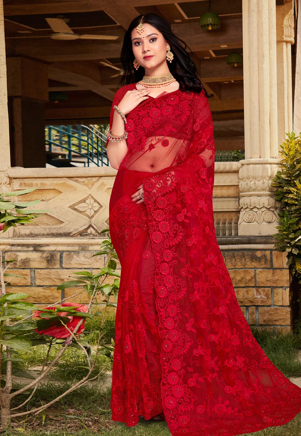 Red Net Saree With Blouse 267043