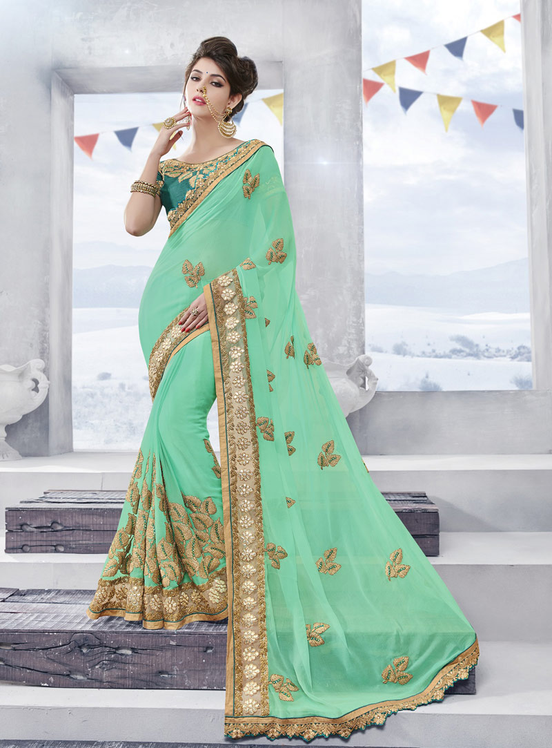 Sea Green Georgette Saree With Heavy Blouse 91462