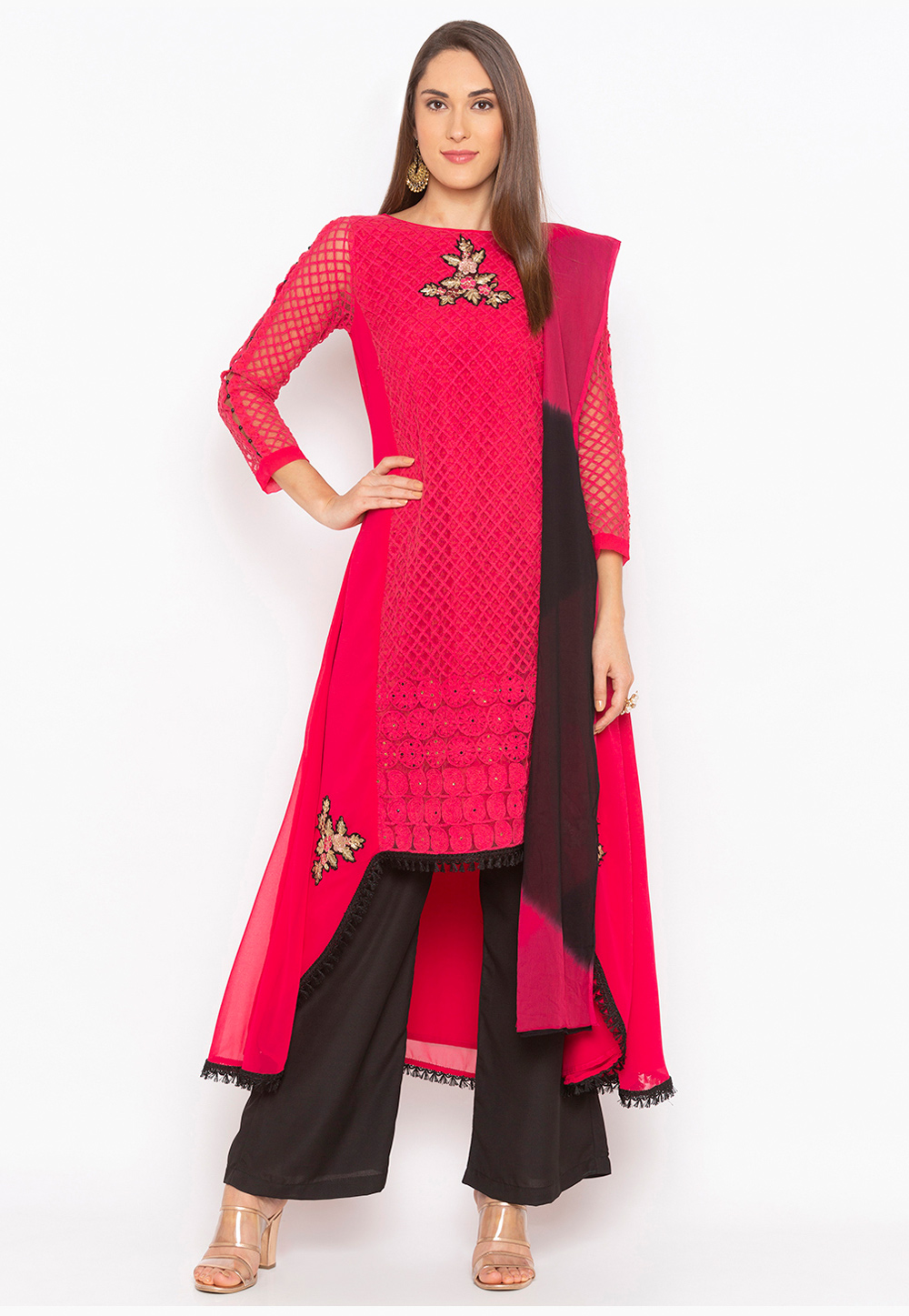 Magenta Georgette Readymade Palazzo Suit 223474