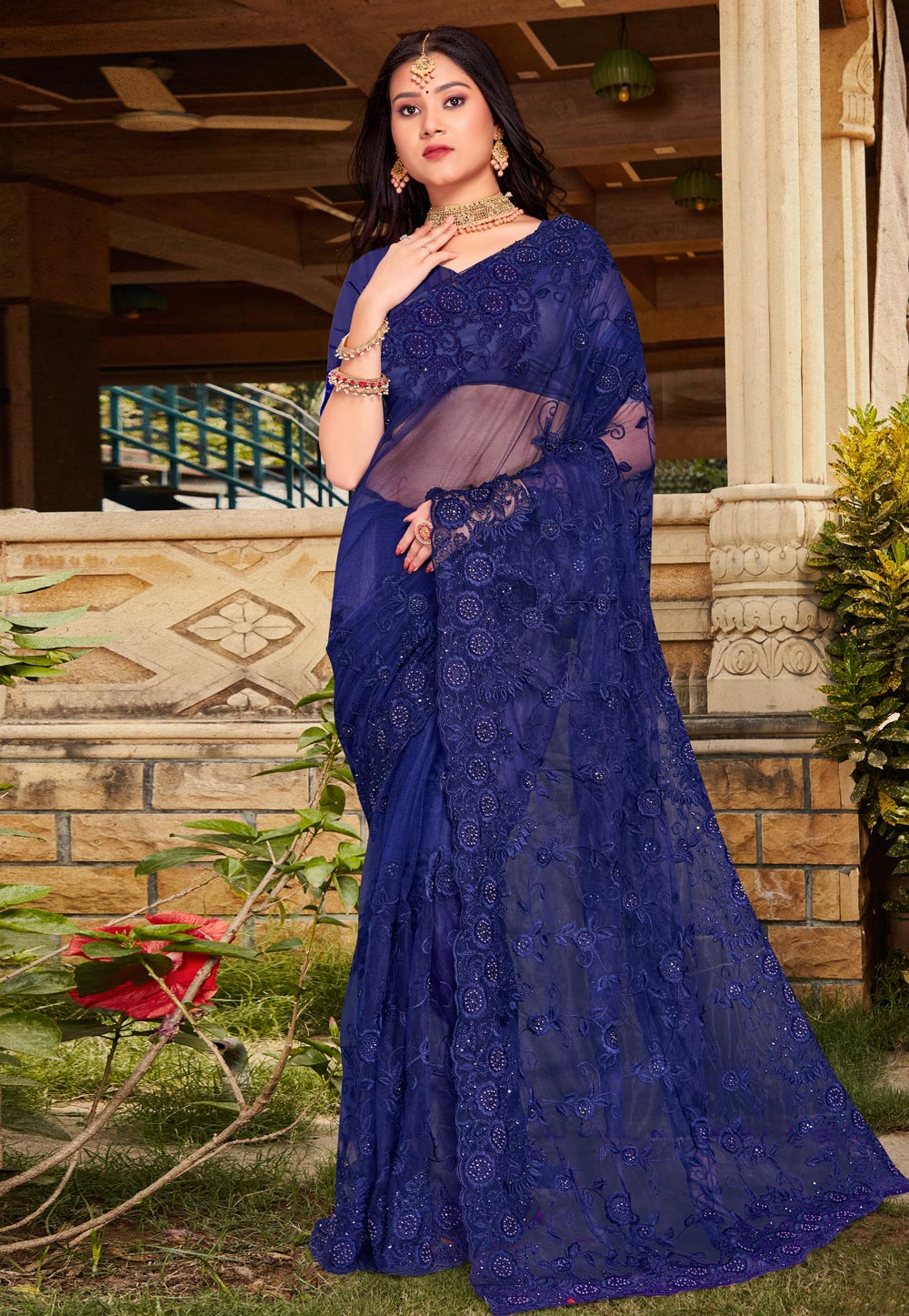 Blue Net Saree With Blouse 267046