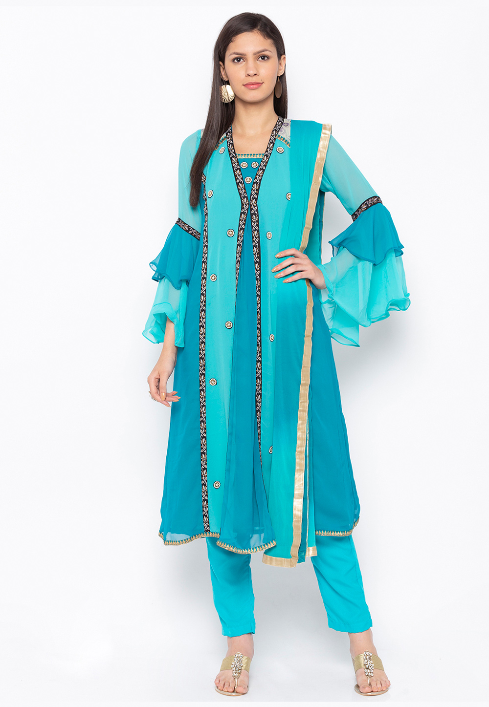 Blue Georgette Readymade Kameez With Pant 223475