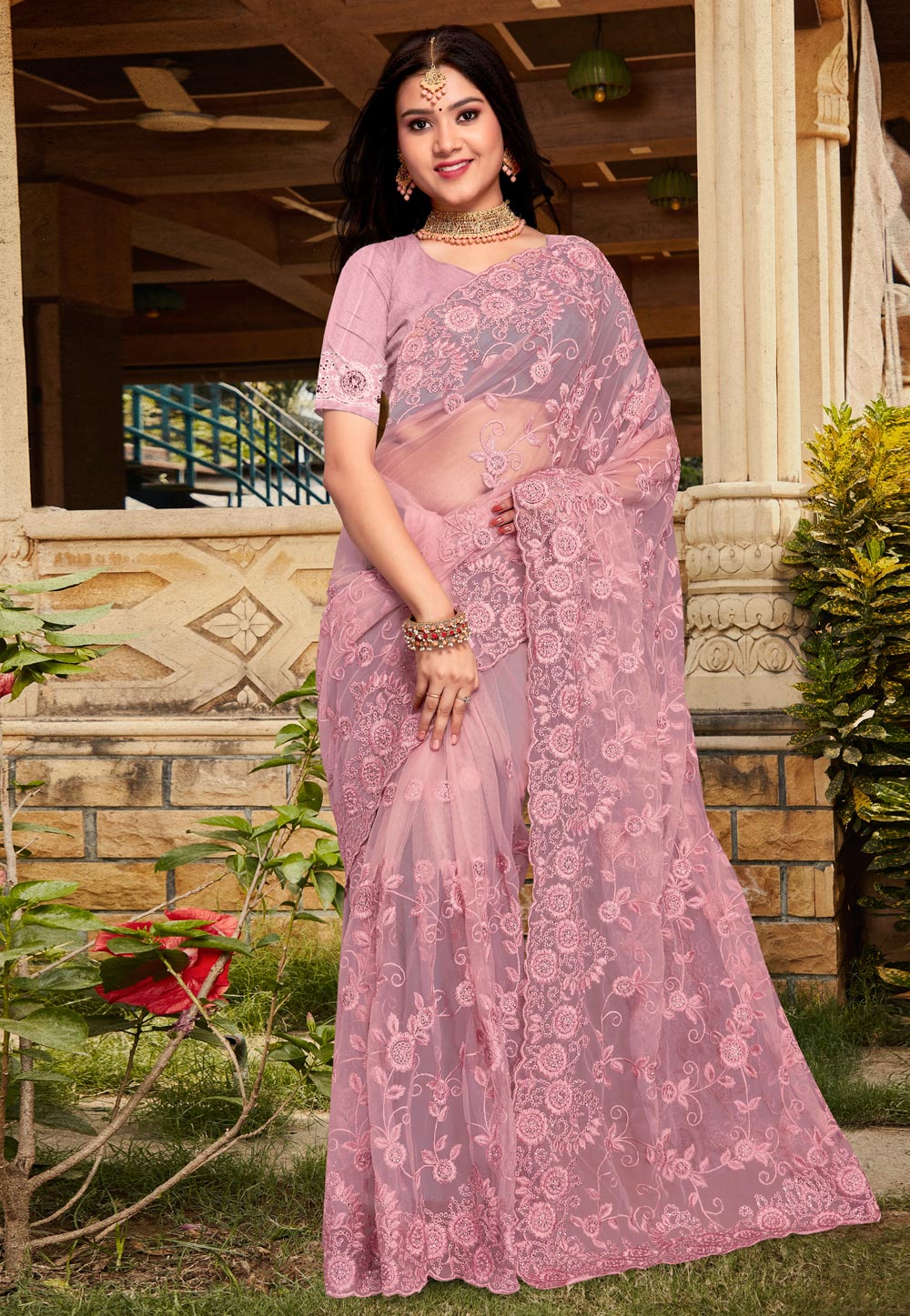 Pink Net Saree With Blouse 267047