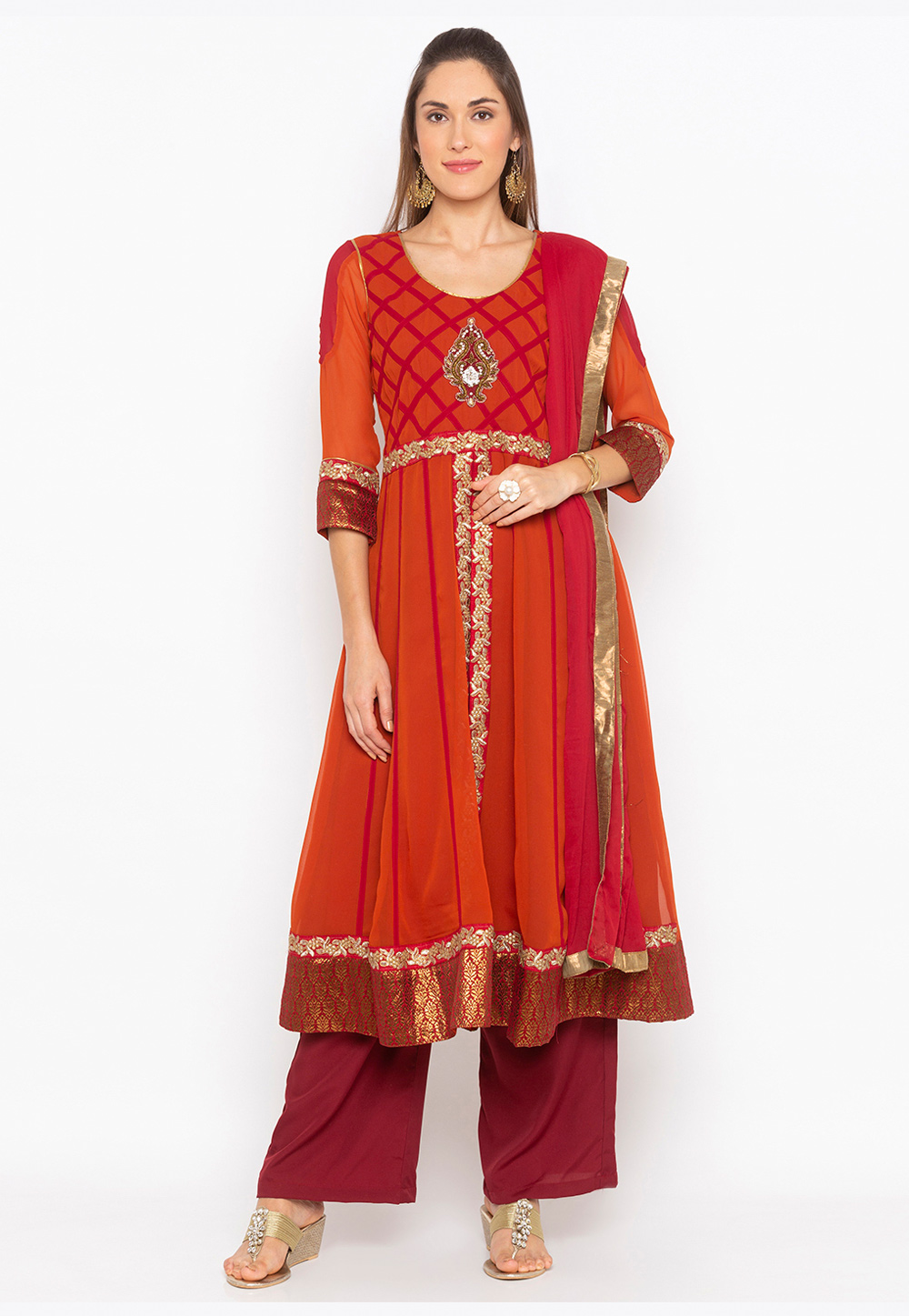 Rust Georgette Readymade Kameez With Palazzo 223476