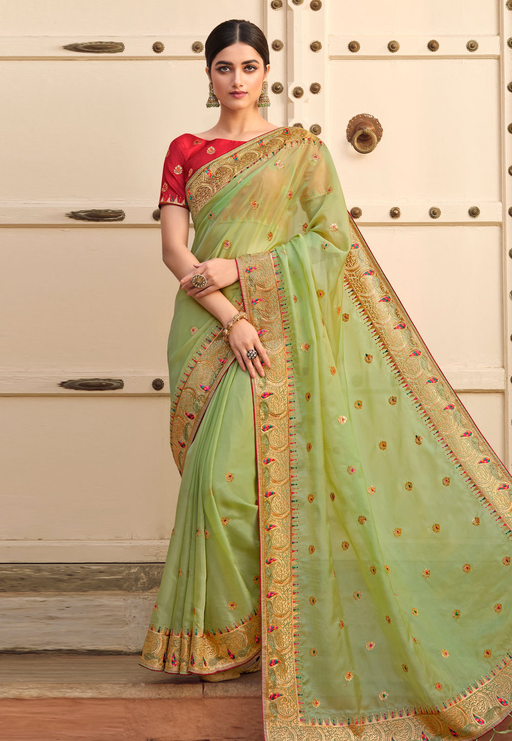 Pista Green Booti Organza Handloom Banarasi Saree - Sacred Weaves