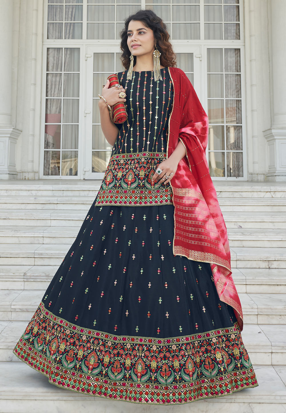 AXRT287 Red & Blue Art Silk Embroidered with Satin Inner Lehenga with  Contrast Blouse & Net Dupatta – Chhabra 555