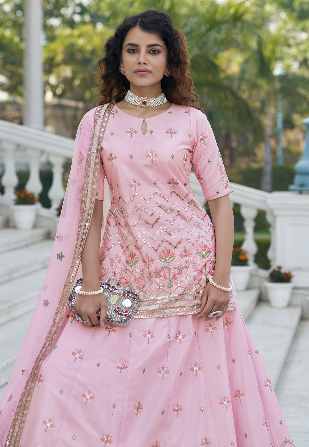 Buy Pink Art Silk Banarasi Stone Work Umbrella Lehenga Wedding Wear Online  at Best Price | Cbazaar