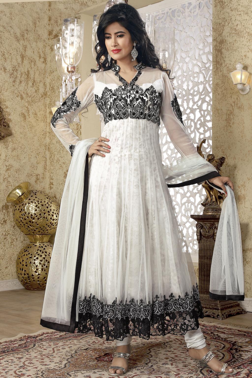 White Net Thread Work Long Anarkali Style Salwar Suit 23012