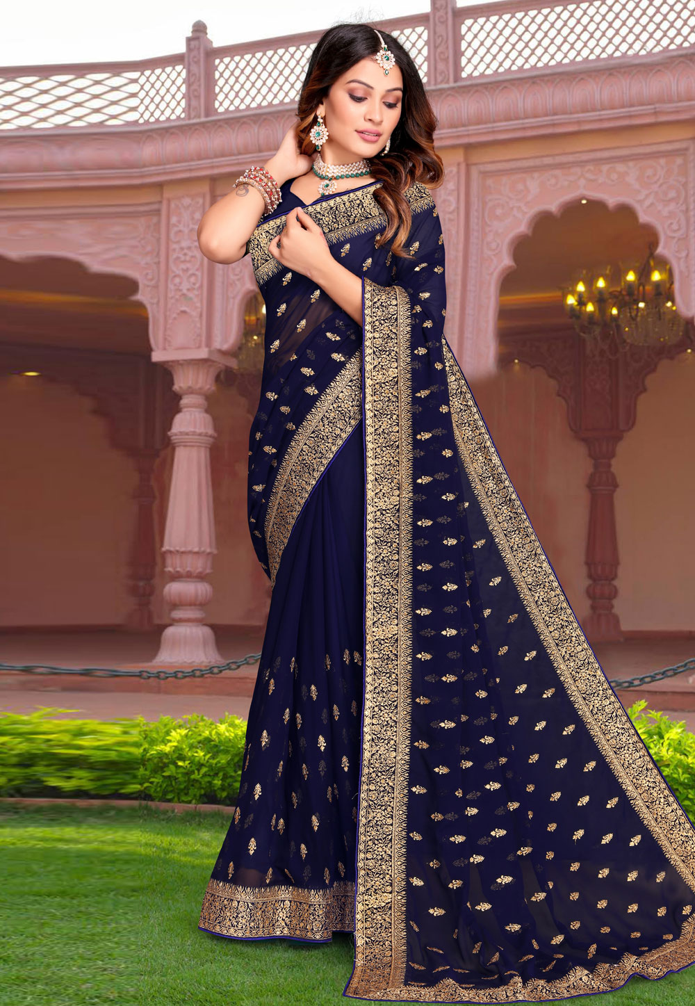 Navy Blue Georgette Saree With Blouse 267826