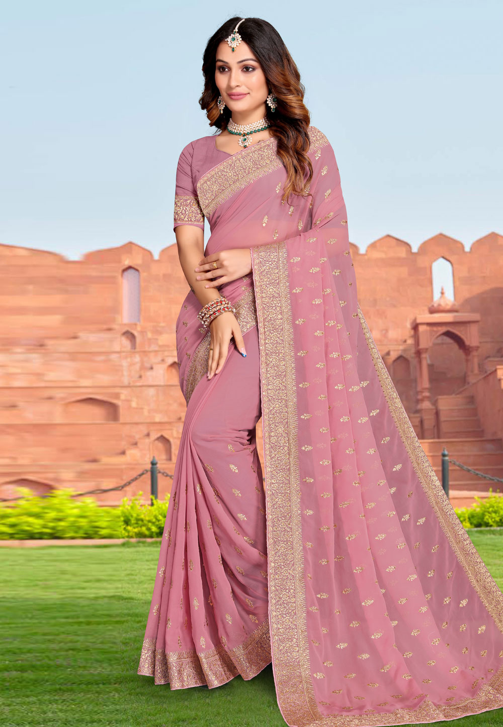 Pink Georgette Saree With Blouse 267827