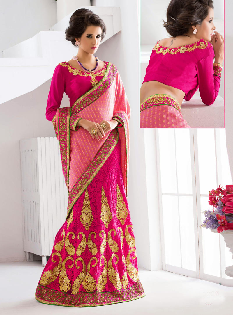 Pink Jacquard Embroidery Work Lehenga Saree 91675