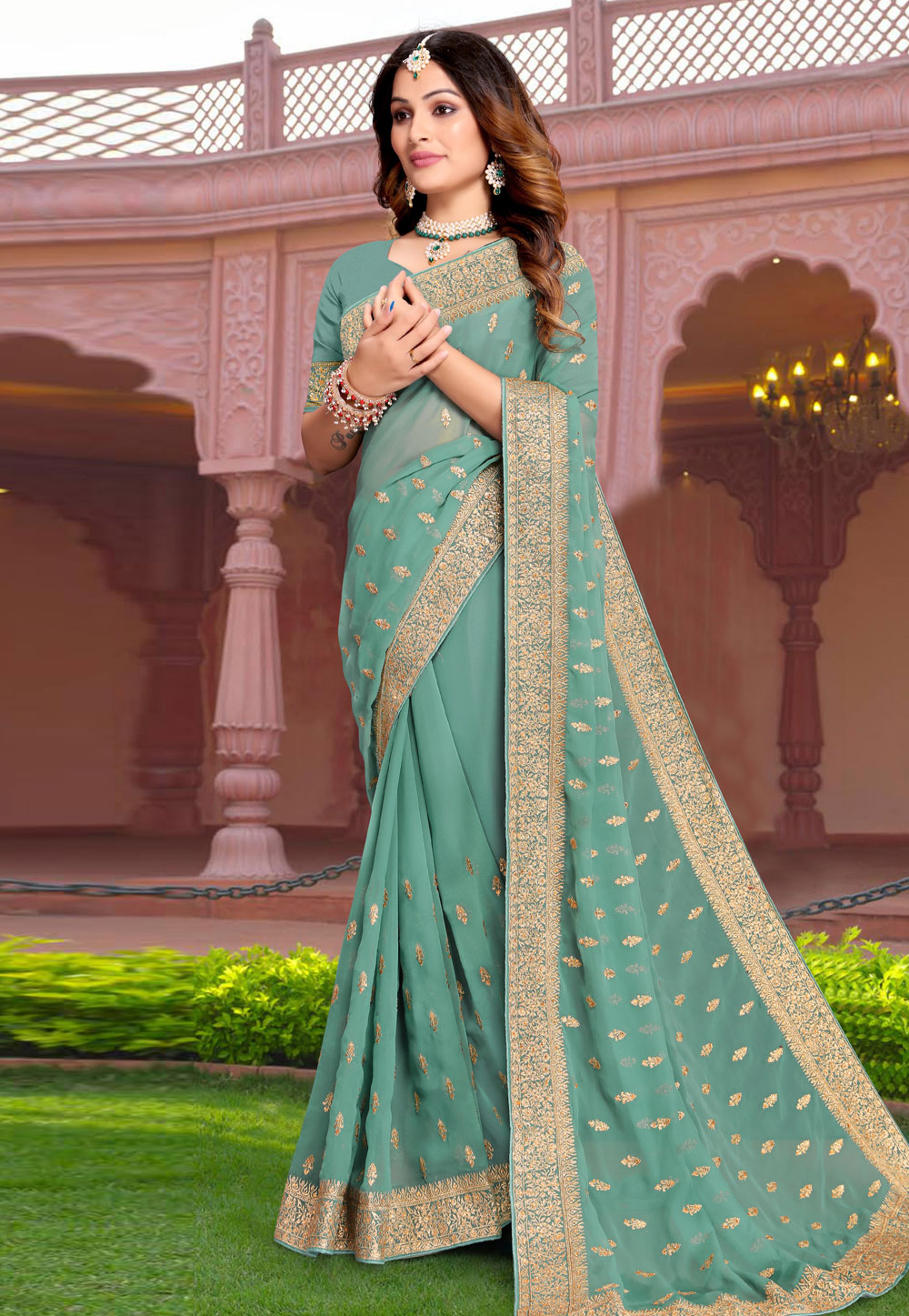 Sea Green Georgette Saree With Blouse 267828
