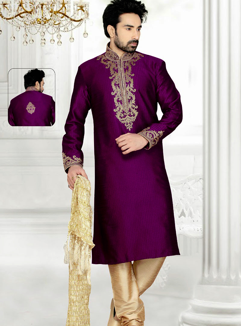 Purple Art Silk Wedding Kurta With Churidar 47714