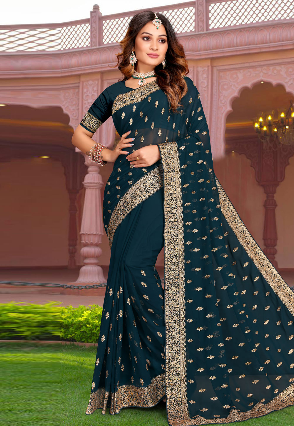 Teal Georgette Saree With Blouse 267829