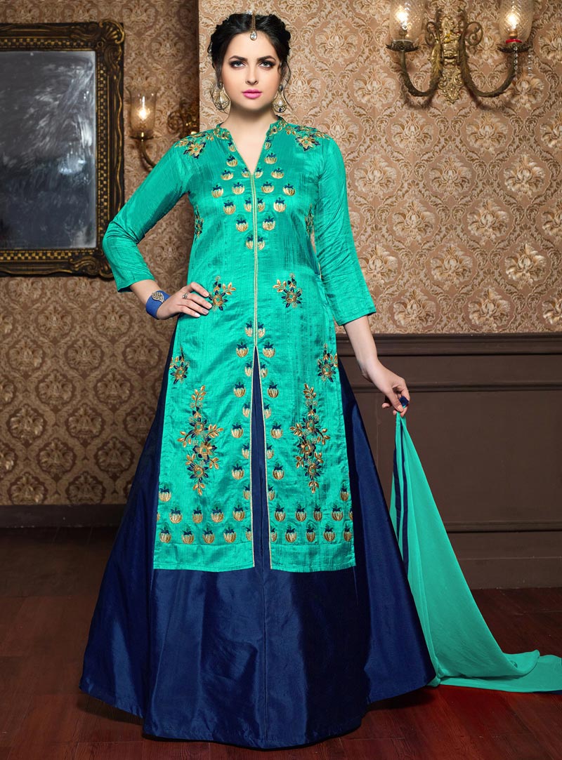 Turquoise Silk Long Choli Lehenga 91695