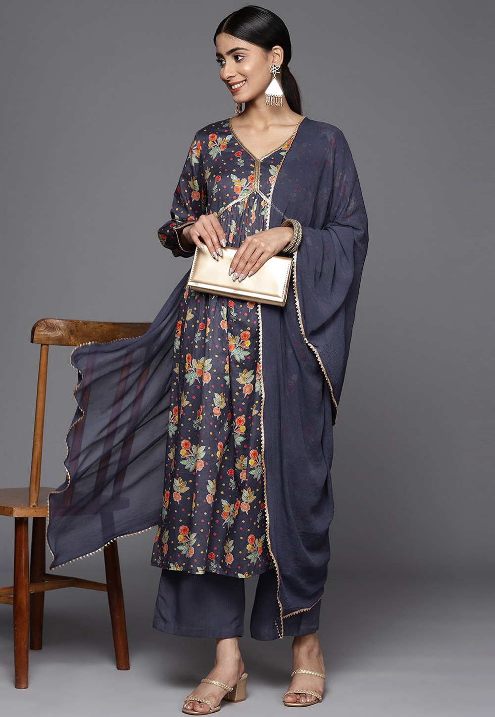 Navy Blue Cotton Readymade Palazzo Suit 266823