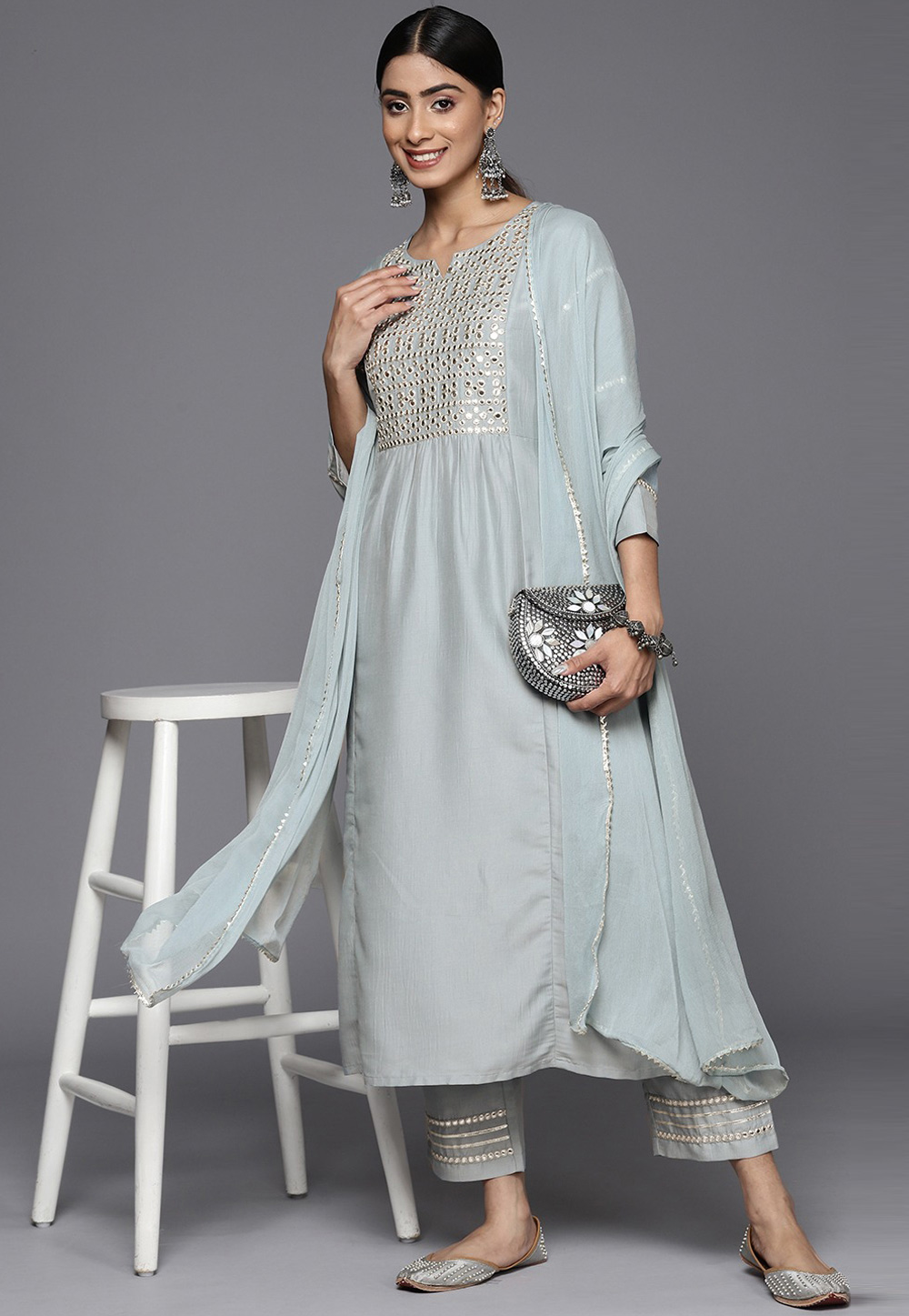 Sky Blue Silk Readymade Pakistani Suit 266824