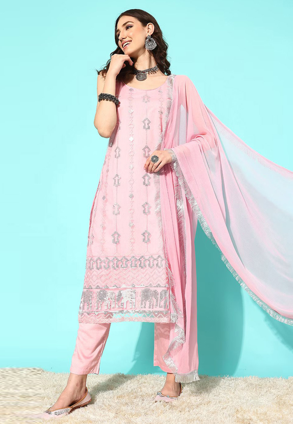 Pink Net Readymade Pakistani Suit 266834