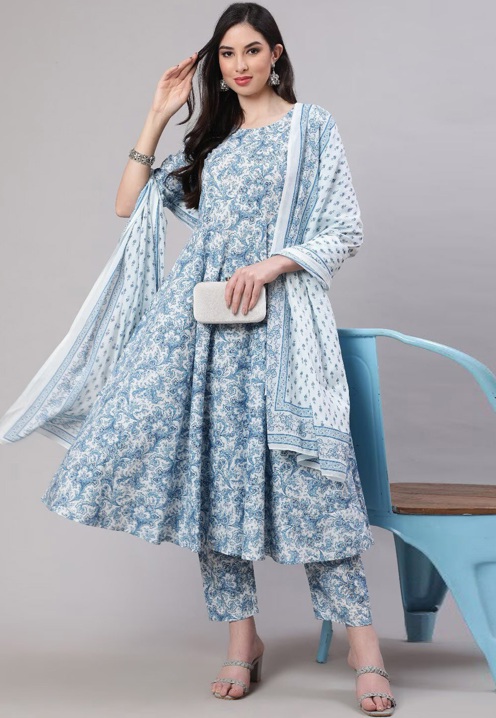 Sky Blue Cotton Readymade Pant Style Suit 266931