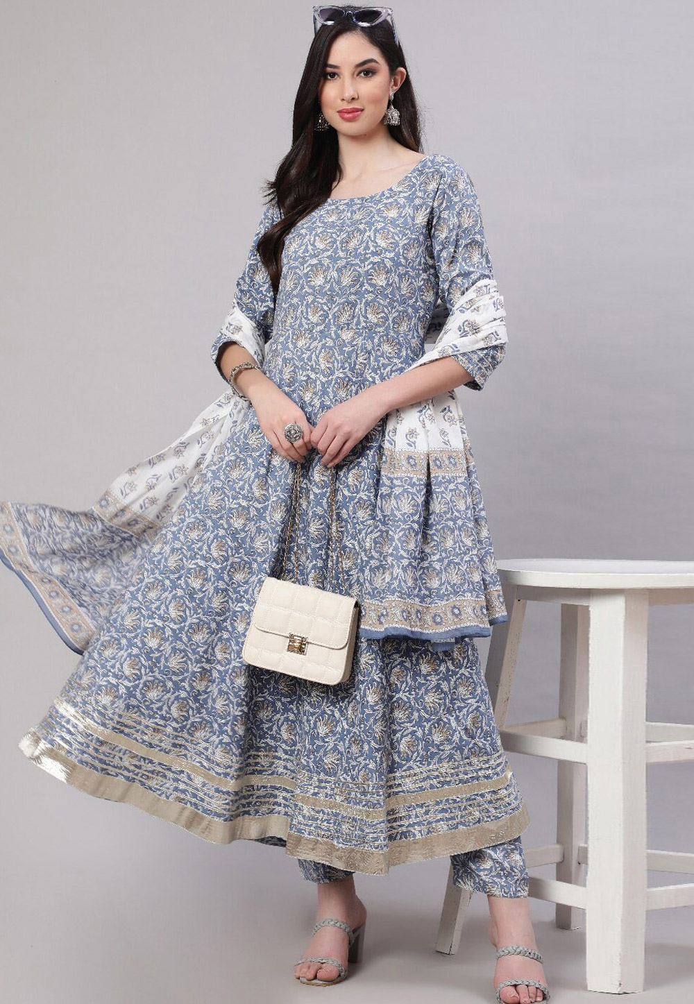 Light Blue Cotton Readymade Pakistani Suit 266934