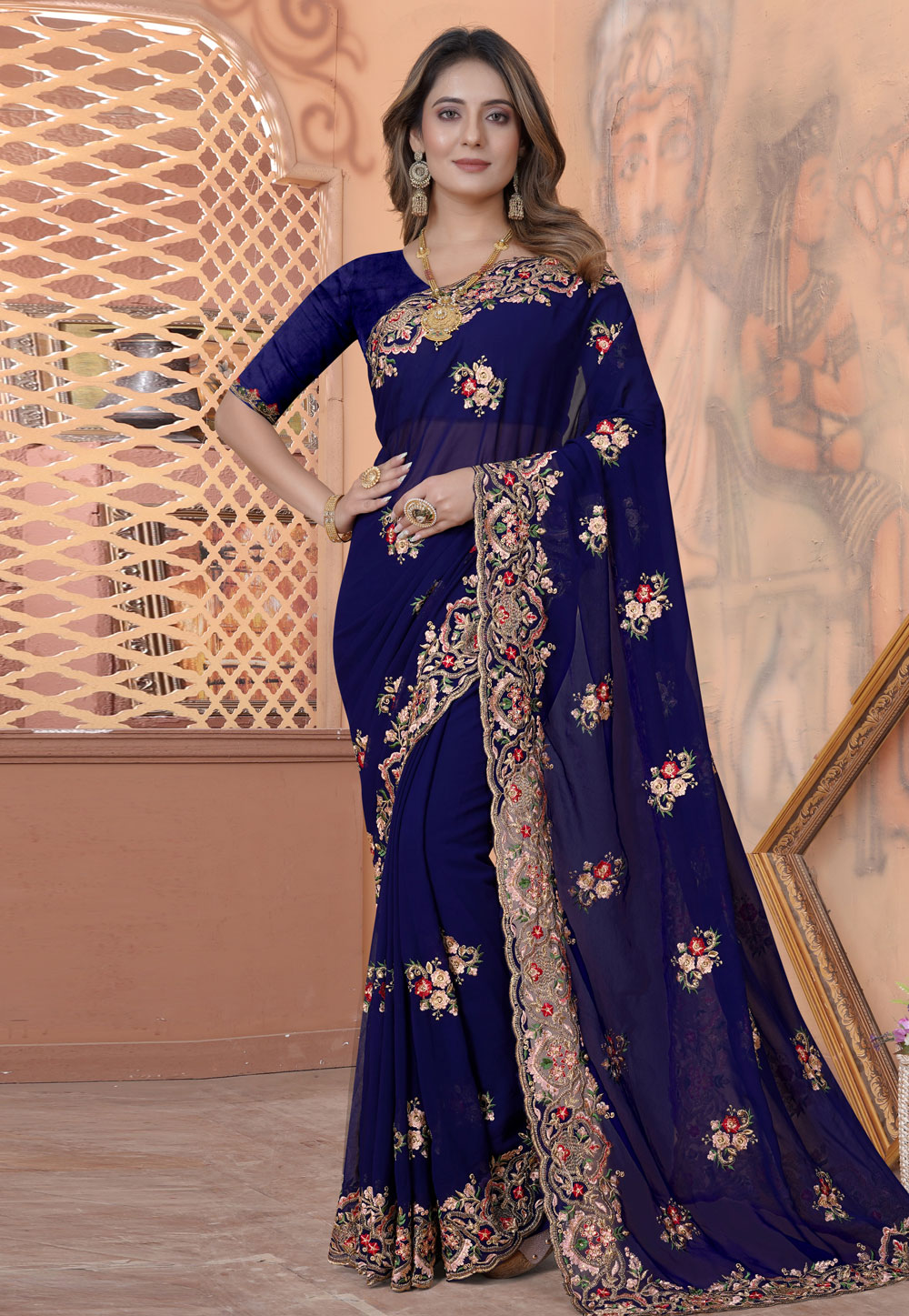 Navy Blue Georgette Saree With Blouse 269159