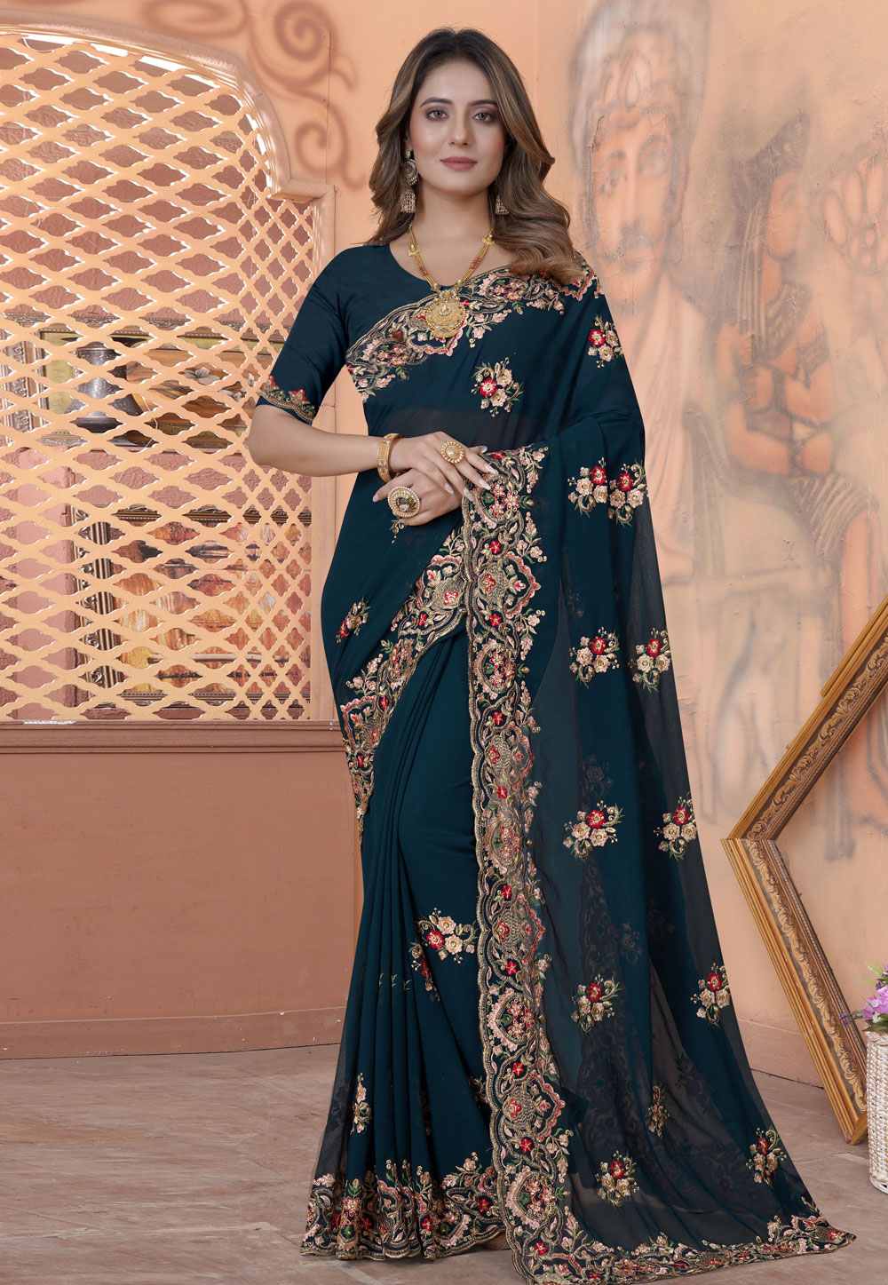 Teal Georgette Saree With Blouse 269161