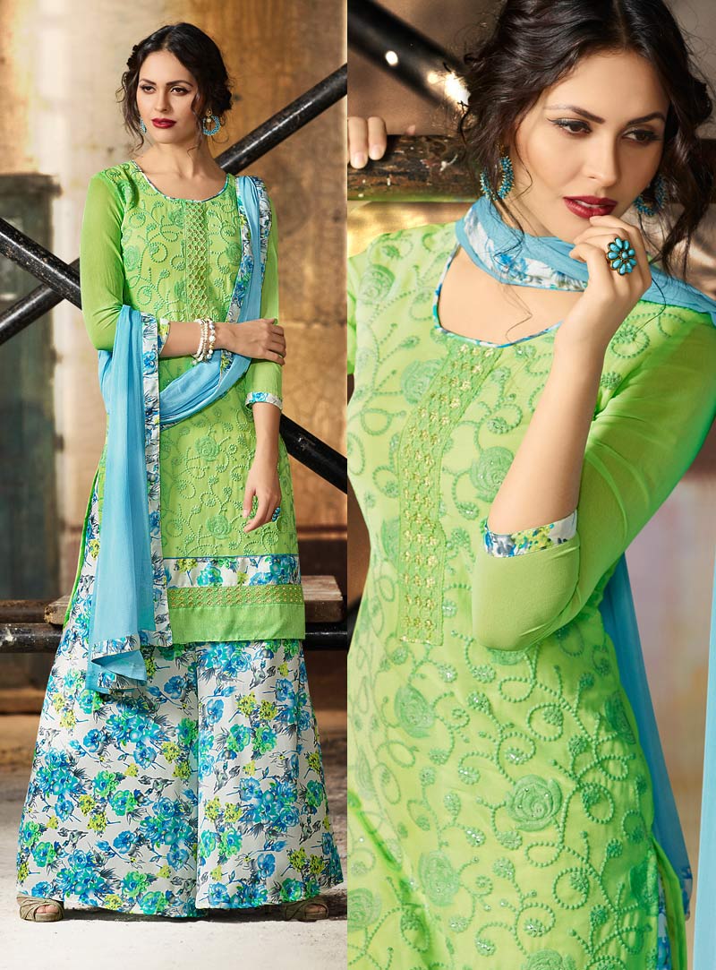 Green Georgette Palazzo Style Suit 80787