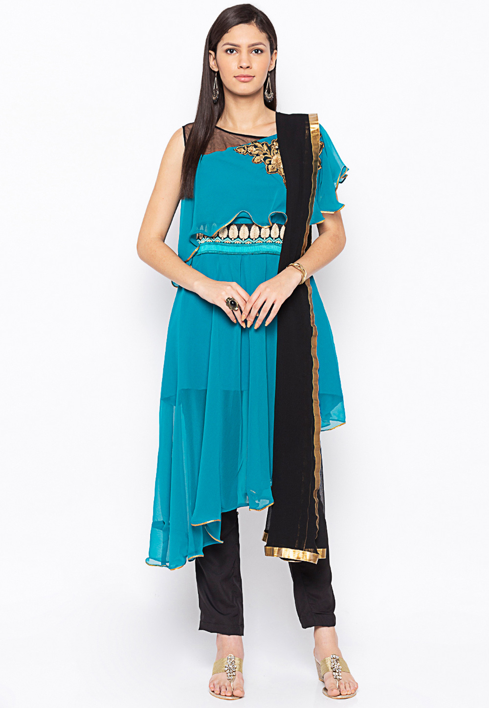 Turquoise Georgette Readymade Asymmetrical Suit 239412
