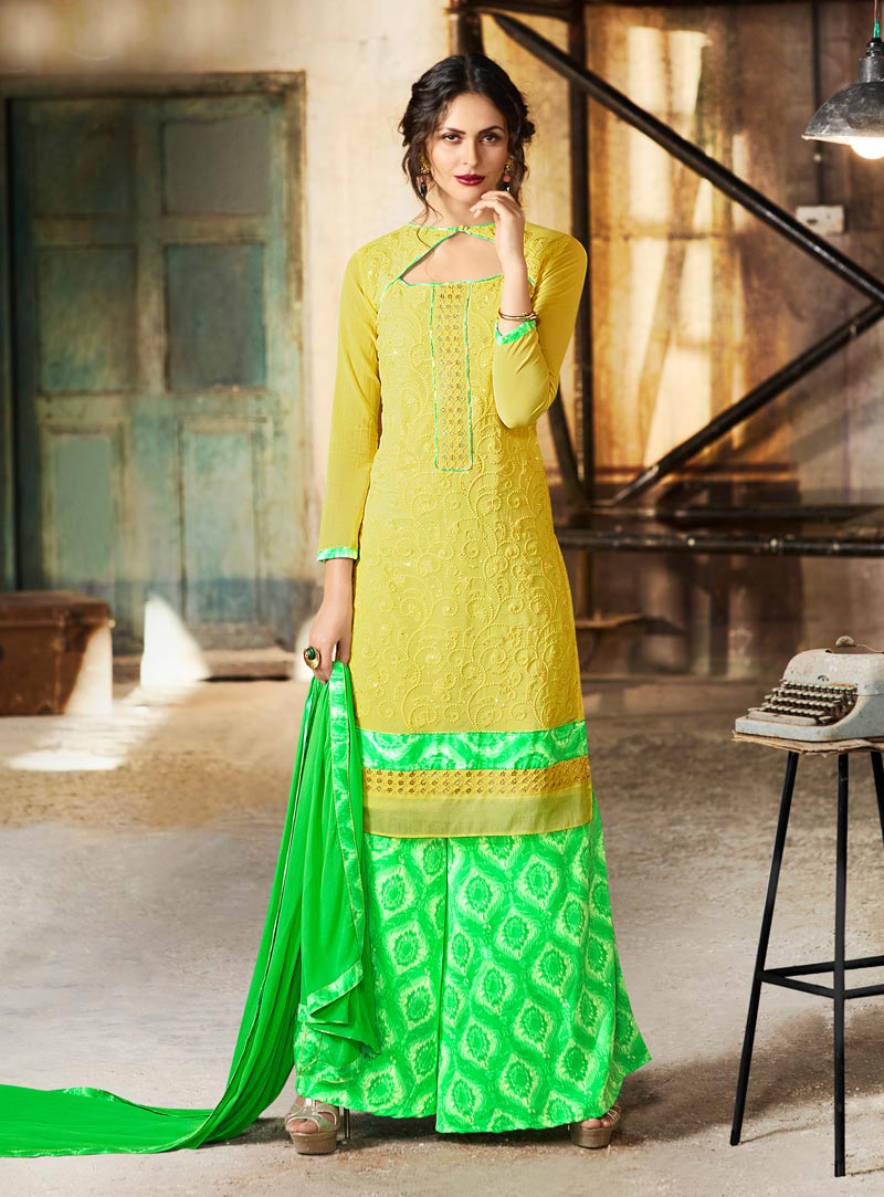 Yellow Georgette Palazzo Style Suit 80793