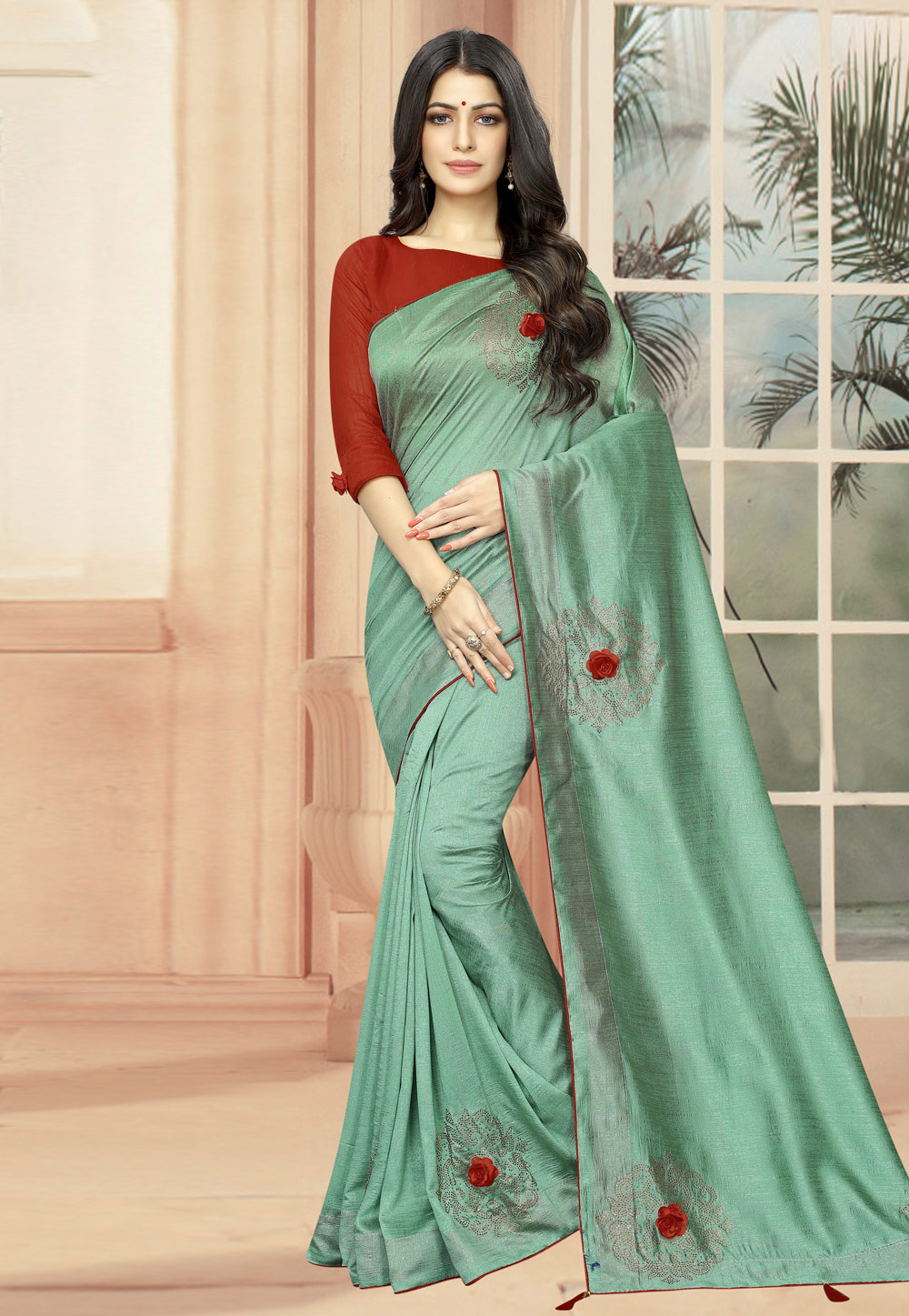 Sea Green Silk Festival Wear Saree 195146