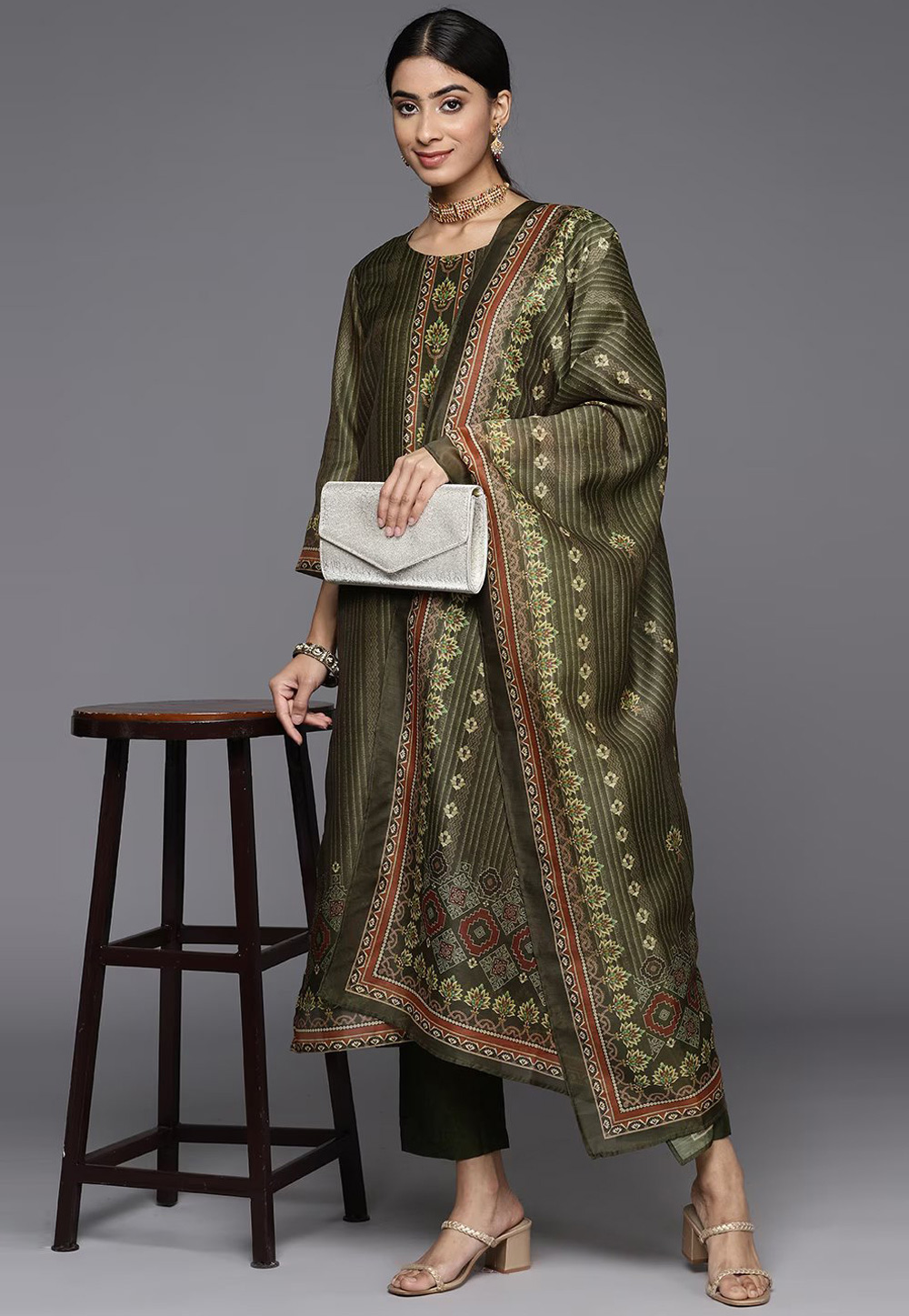 Camo Green Chanderi Silk Readymade Pakistani Suit 268918