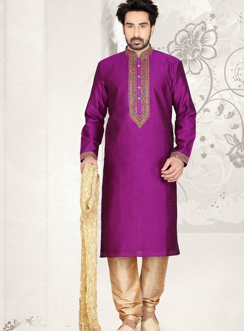 Purple Art Silk Wedding Kurta With Churidar 47728