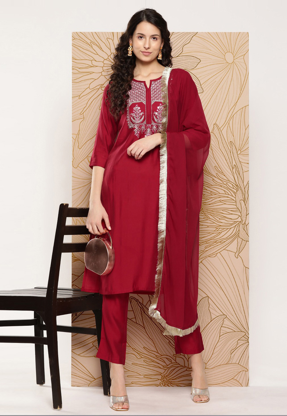 Red Silk Readymade Pant Style Suit 269752
