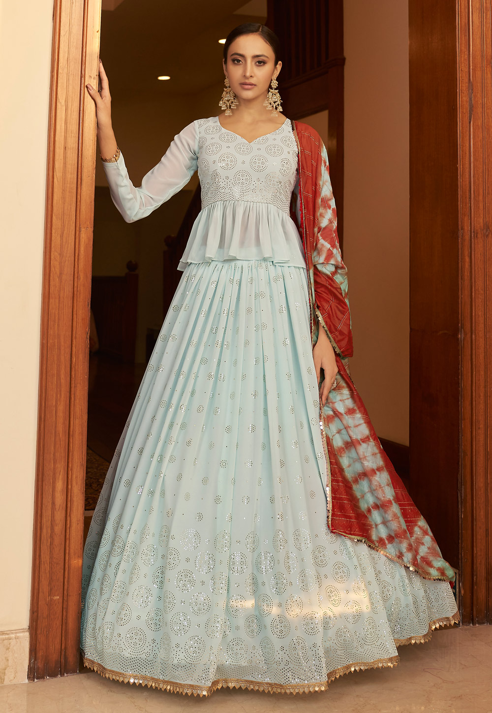 Peacock Green Thread, Mirror and Sequins work Peplum Style Lehenga –  Seasons Chennai