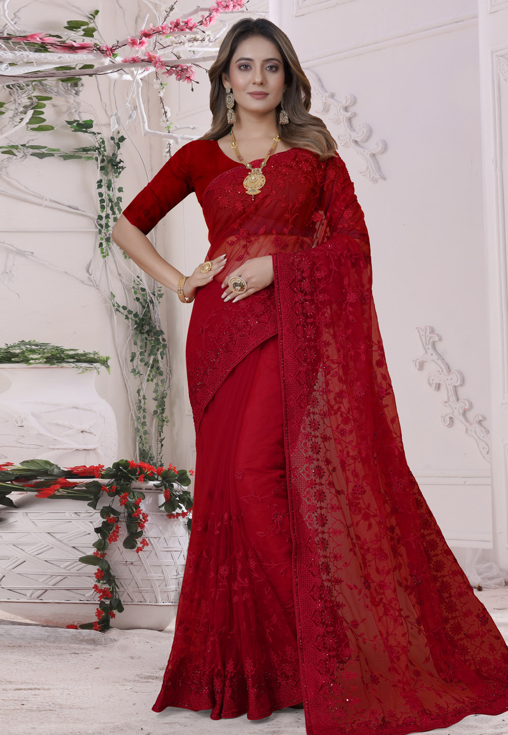 Red Net Saree With Blouse 269795