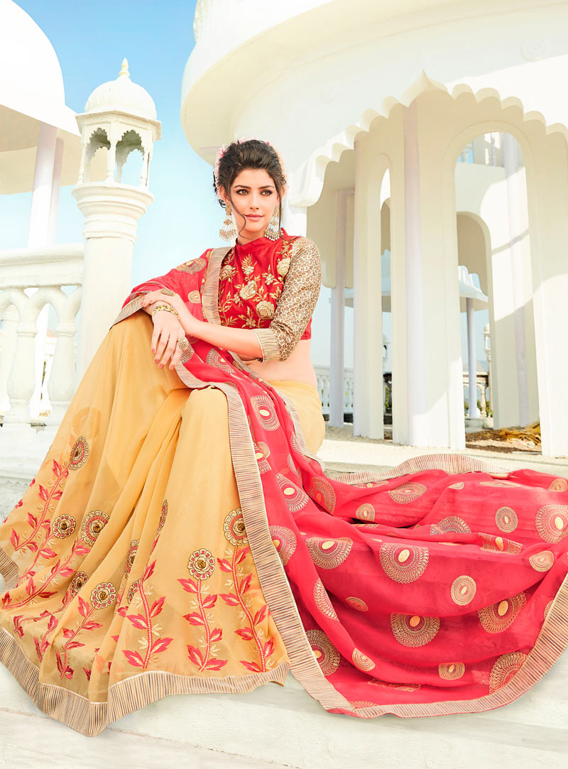 Red Georgette Embroidery Work Saree 80965