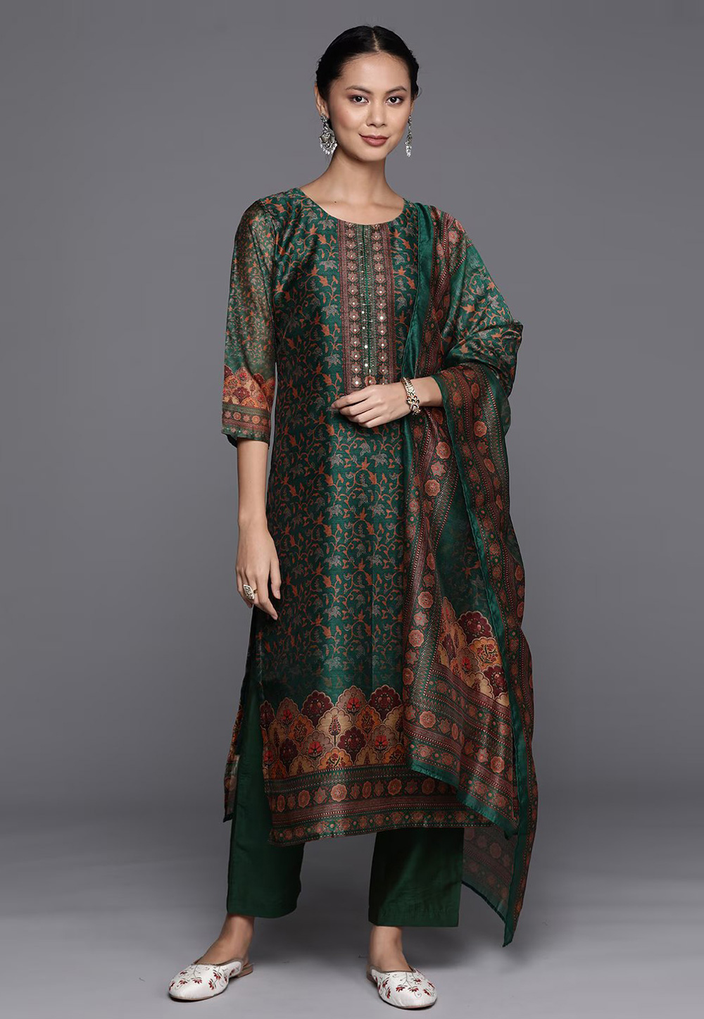 Green Chanderi Silk Readymade Pakistani Suit 269758
