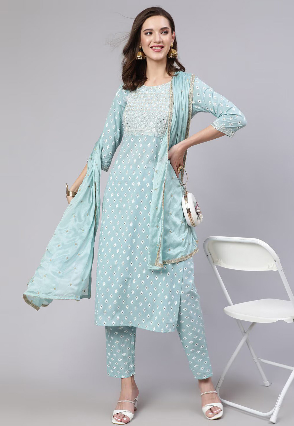 Sky Blue Cotton Readymade Pakistani Suit 270044