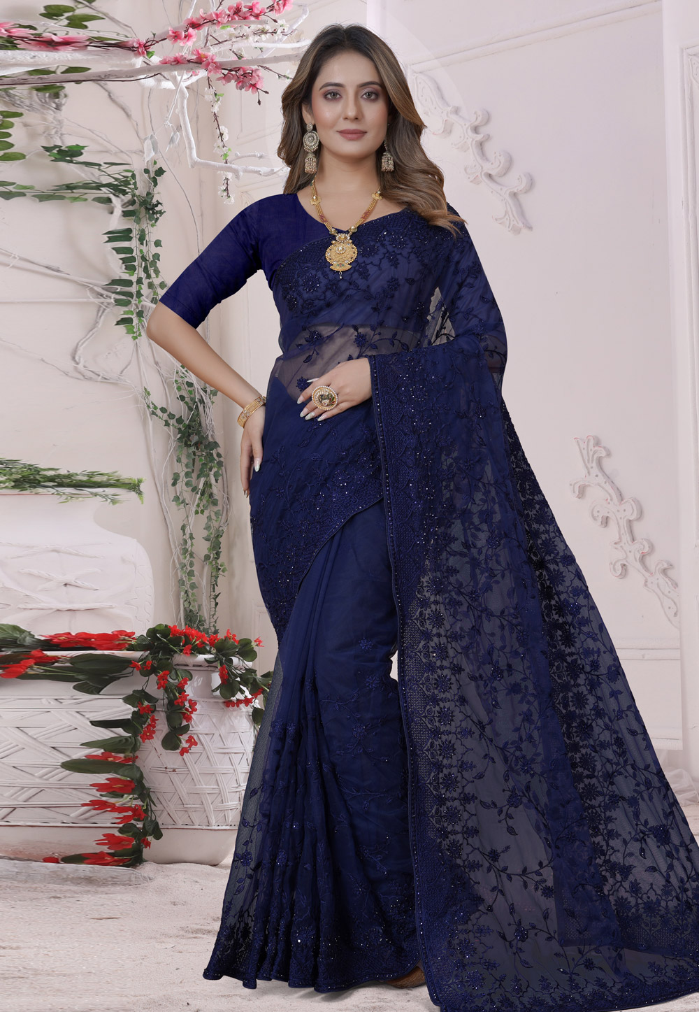 Navy Blue Net Saree With Blouse 269797