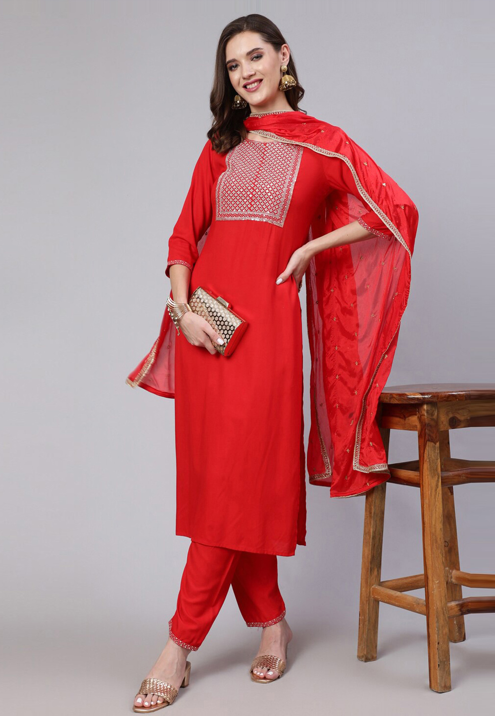Red Viscose Rayon Readymade Pant Style Suit 270049