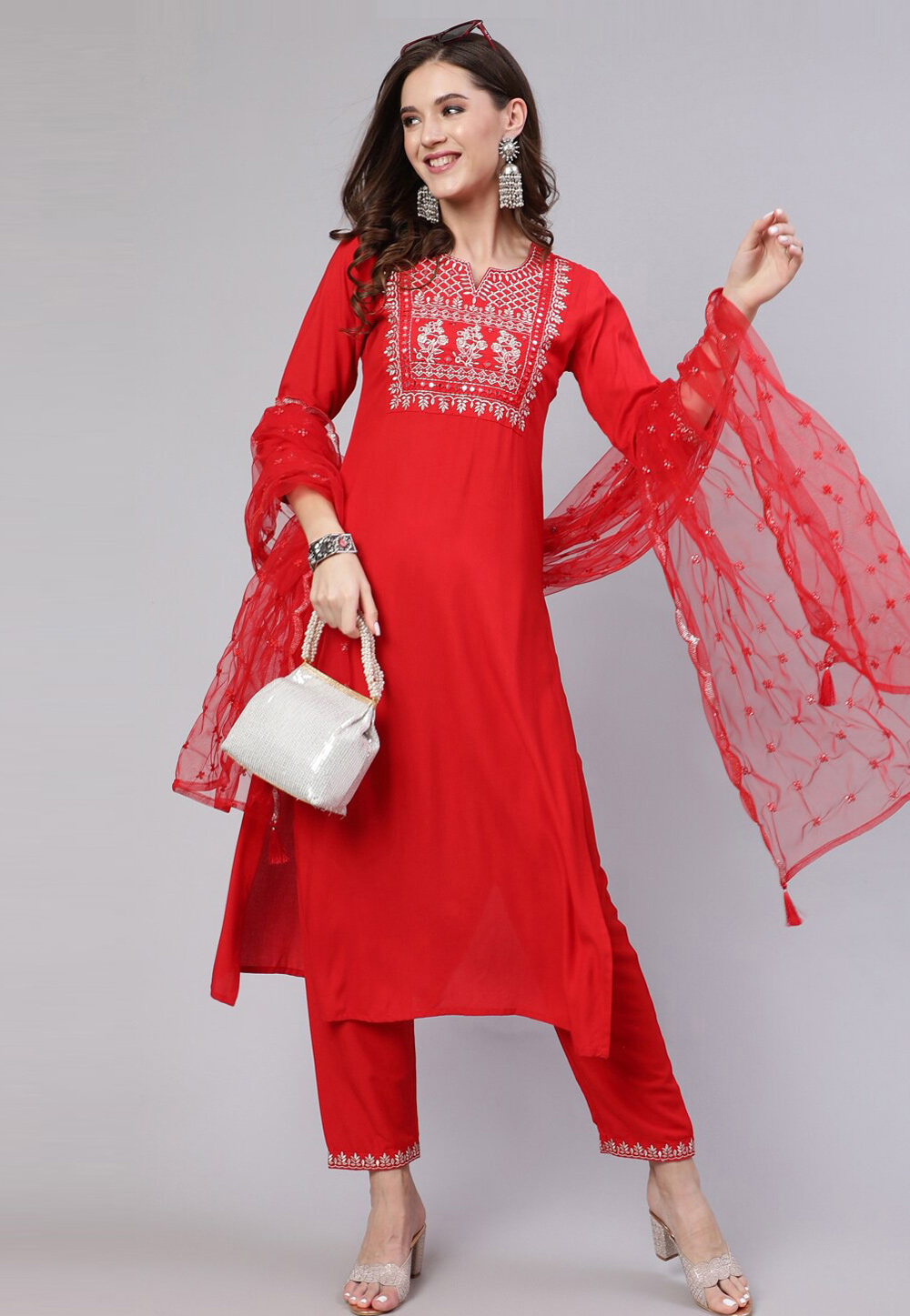 Red Viscose Rayon Readymade Pakistani Suit 270050