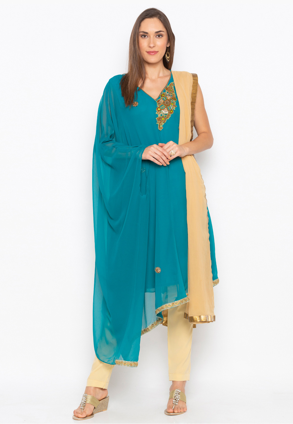 Turquoise Georgette Readymade Kameez With Pant 246142
