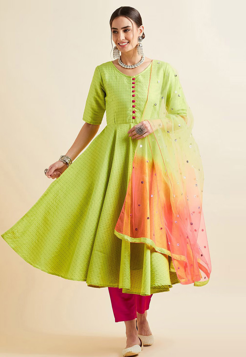 Light Green Silk Readymade Anarkali Suit 272055